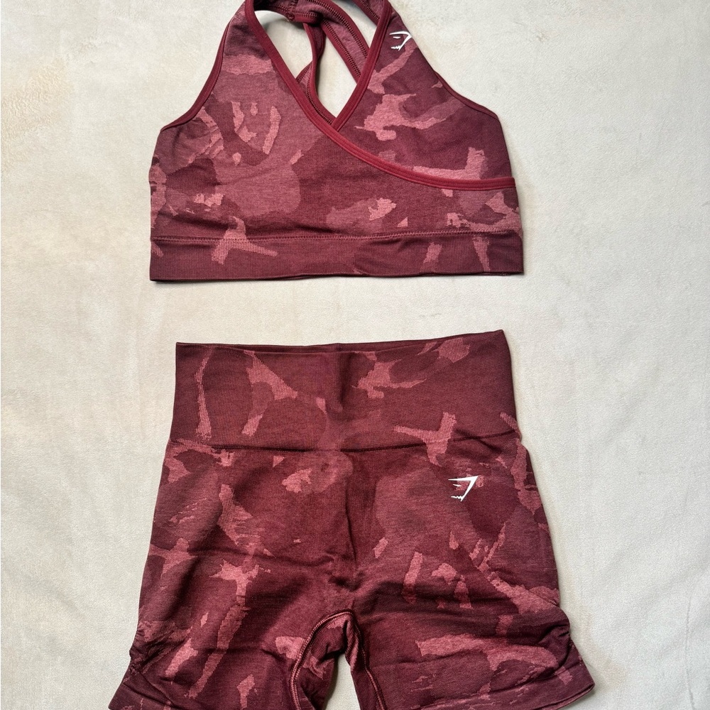 Gymshark Burgundy Camo Sports Bra and Shorts Set